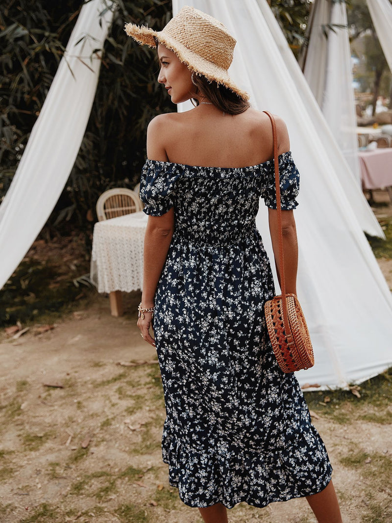 Floral Print Off Shoulder Midi Dress