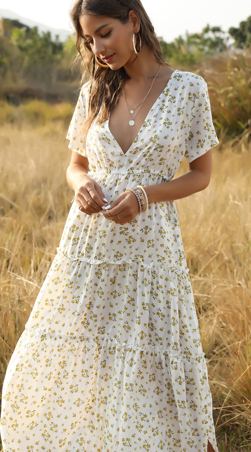 Summer Floral Print Ruffles Boho Maxi Dress