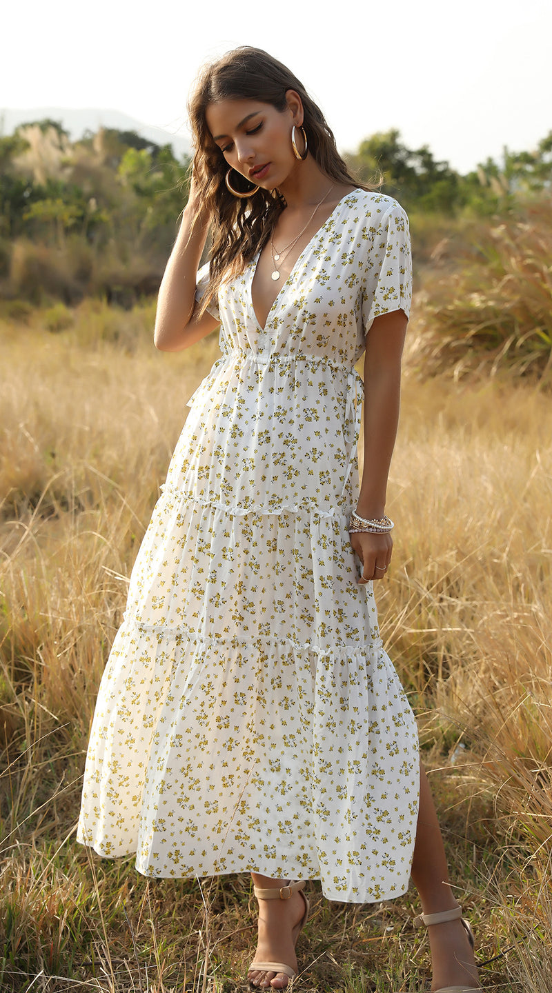 Summer Floral Print Ruffles Boho Maxi Dress