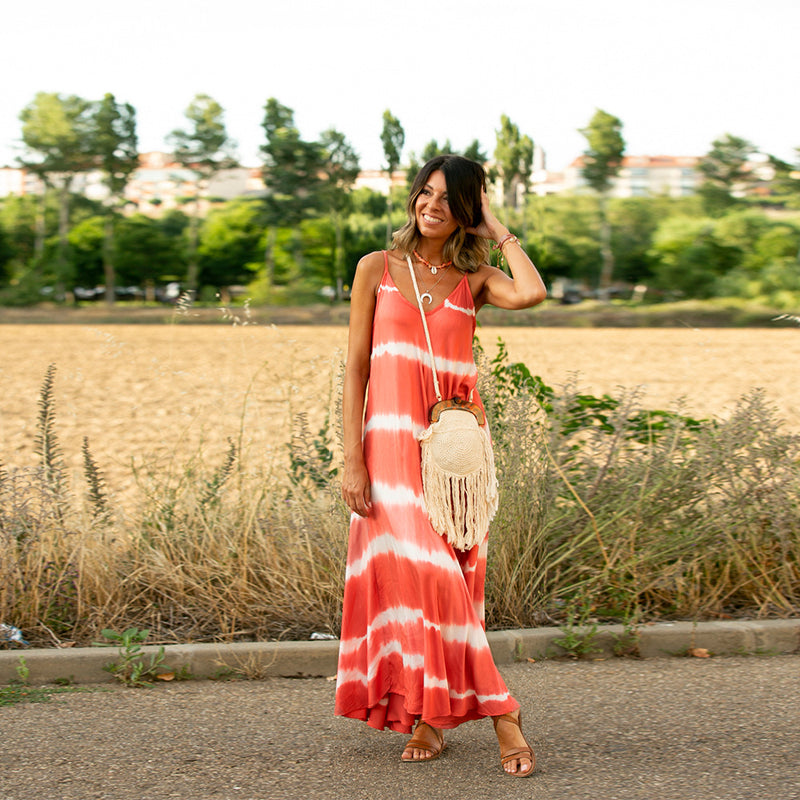 V-Neck Print Spaghetti Strap Boho Long Dresses