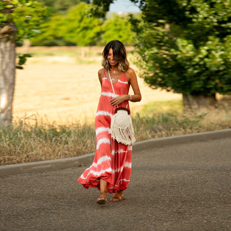 V-Neck Print Spaghetti Strap Boho Long Dresses