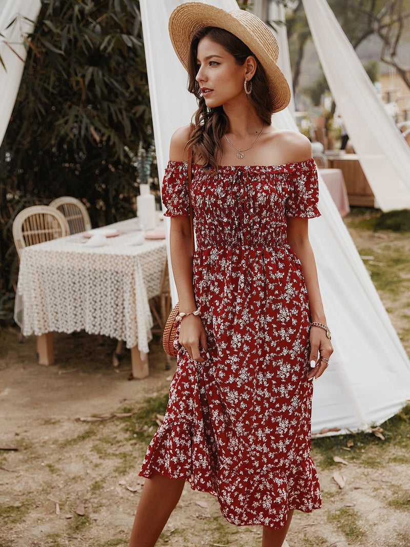 Floral Print Off Shoulder Midi Dress