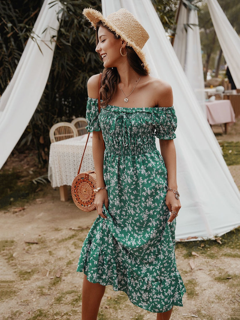 Floral Print Off Shoulder Midi Dress