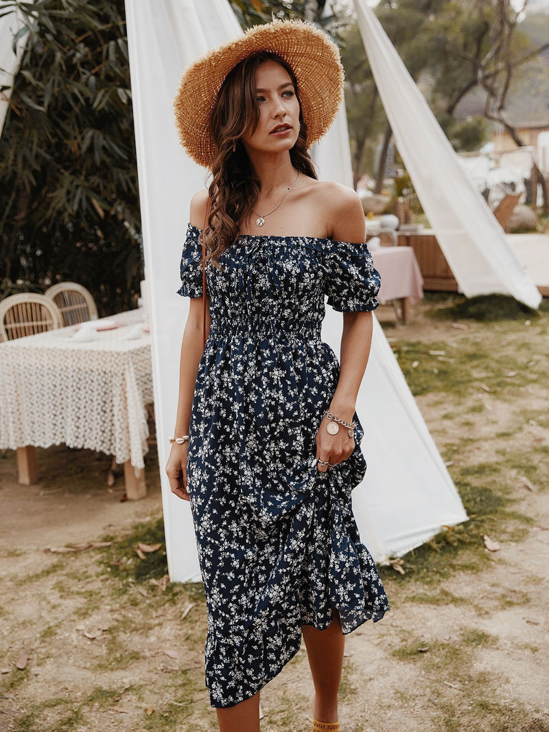 Floral Print Off Shoulder Midi Dress