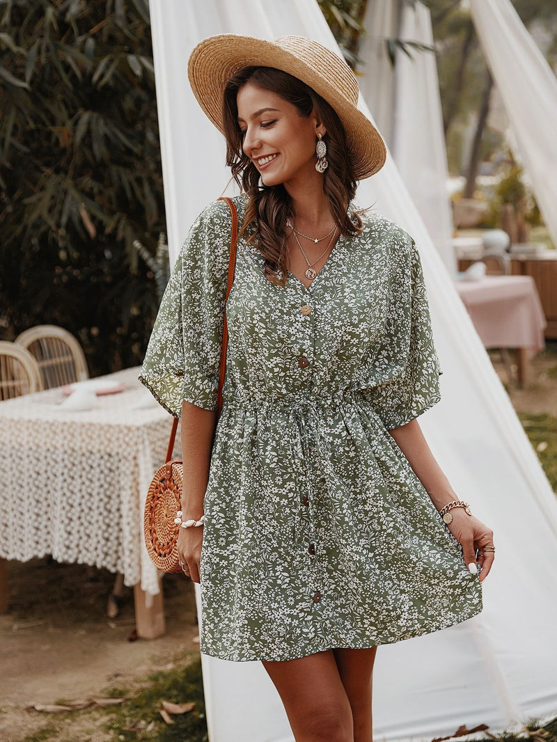 Floral V-neck Half Sleeve Mini Dress