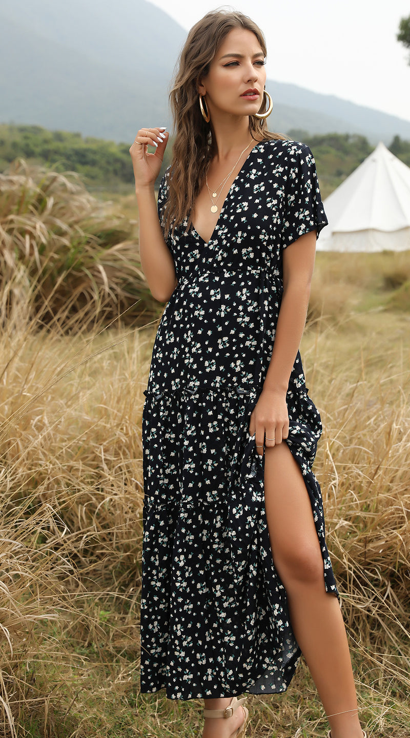 Summer Floral Print Ruffles Boho Maxi Dress