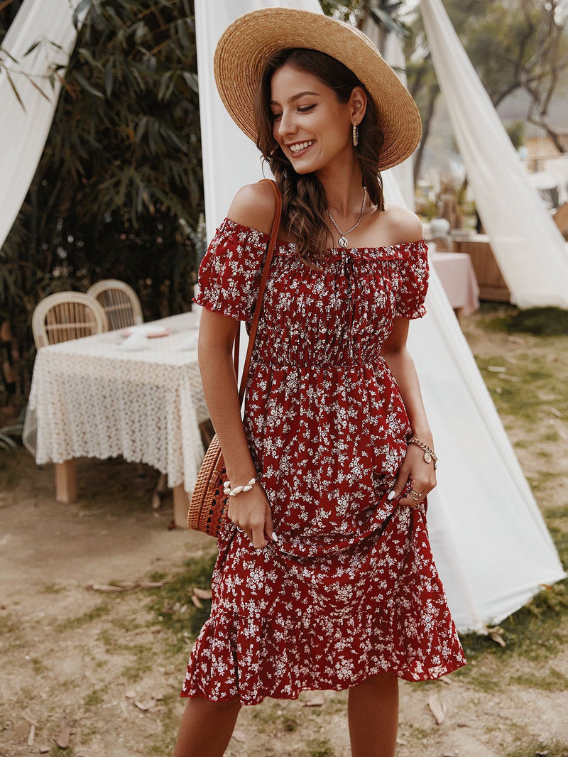 Floral Print Off Shoulder Midi Dress