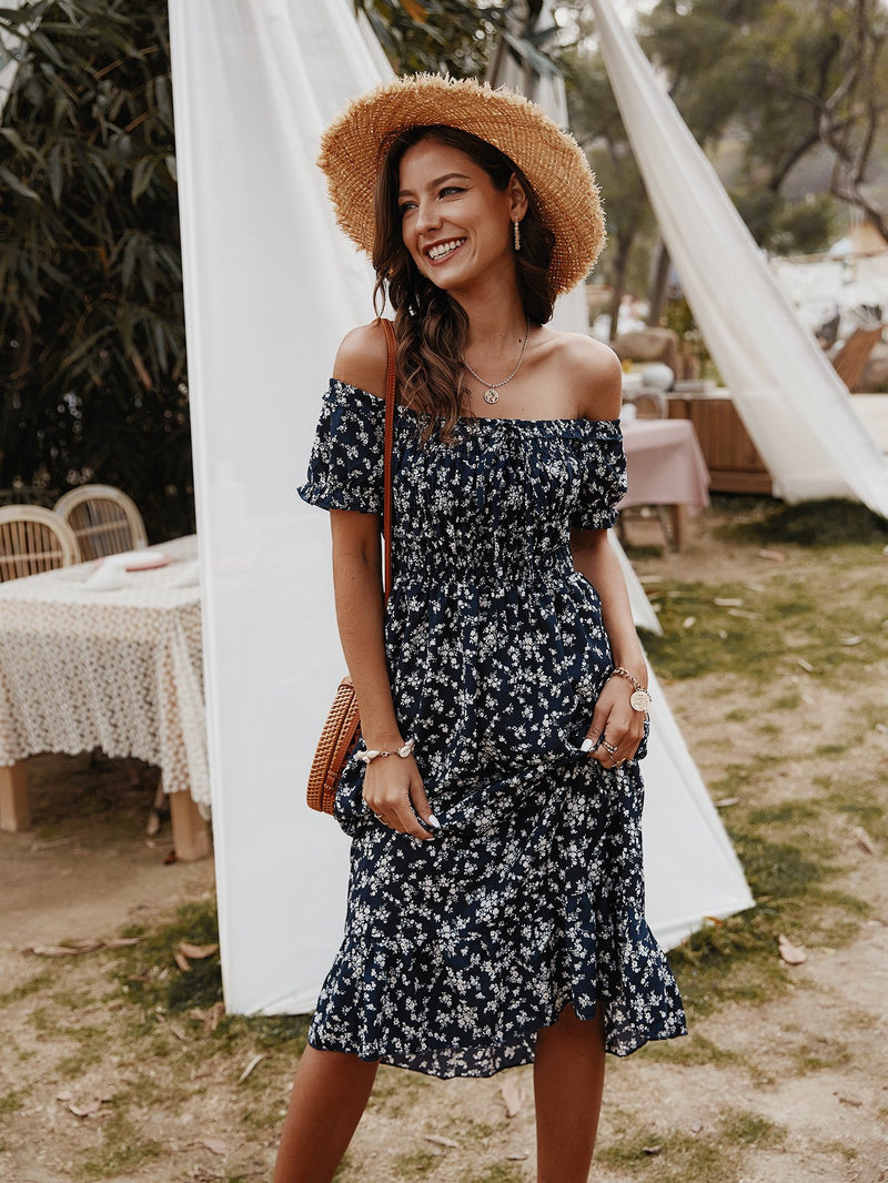 Floral Print Off Shoulder Midi Dress