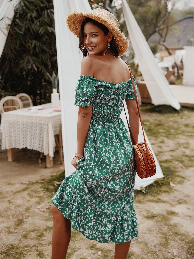 Floral Print Off Shoulder Midi Dress