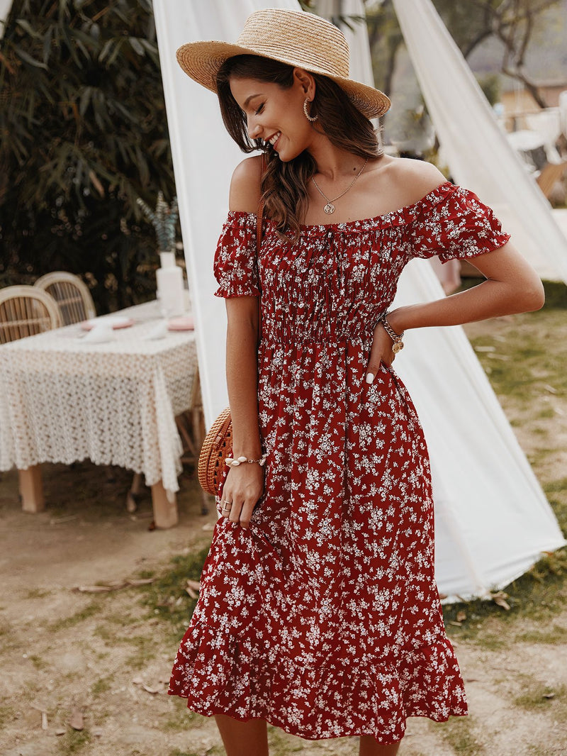 Floral Print Off Shoulder Midi Dress