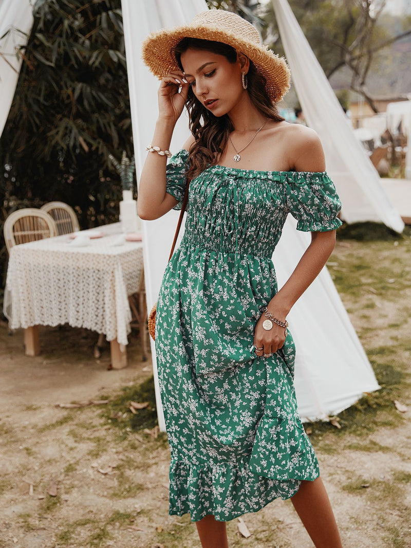 Floral Print Off Shoulder Midi Dress