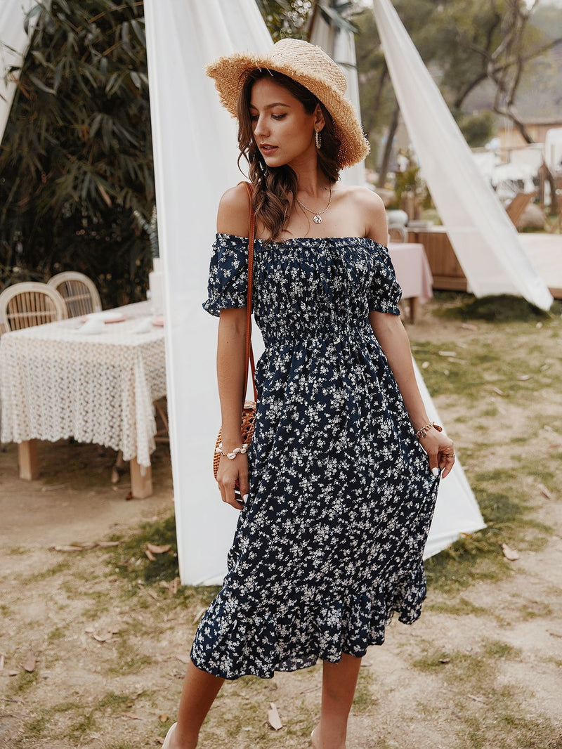 Floral Print Off Shoulder Midi Dress