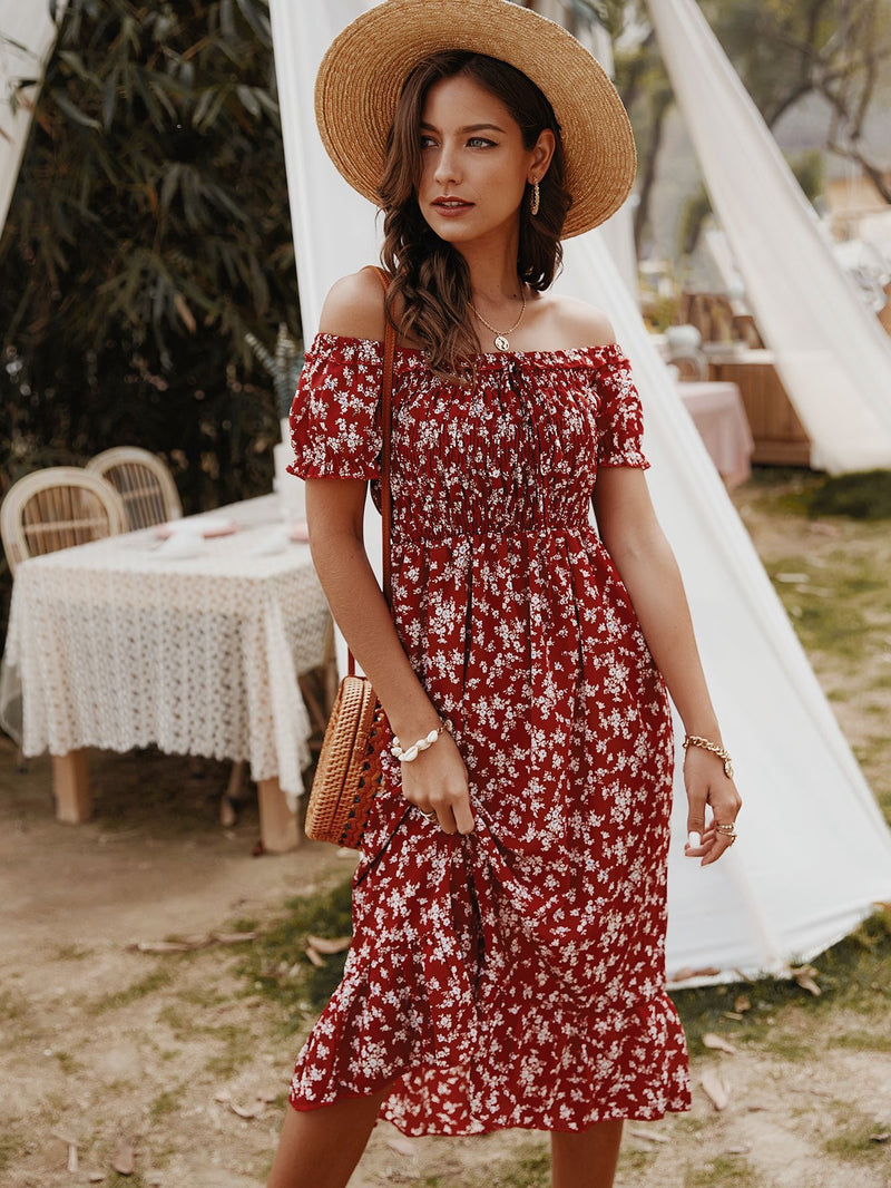 Floral Print Off Shoulder Midi Dress