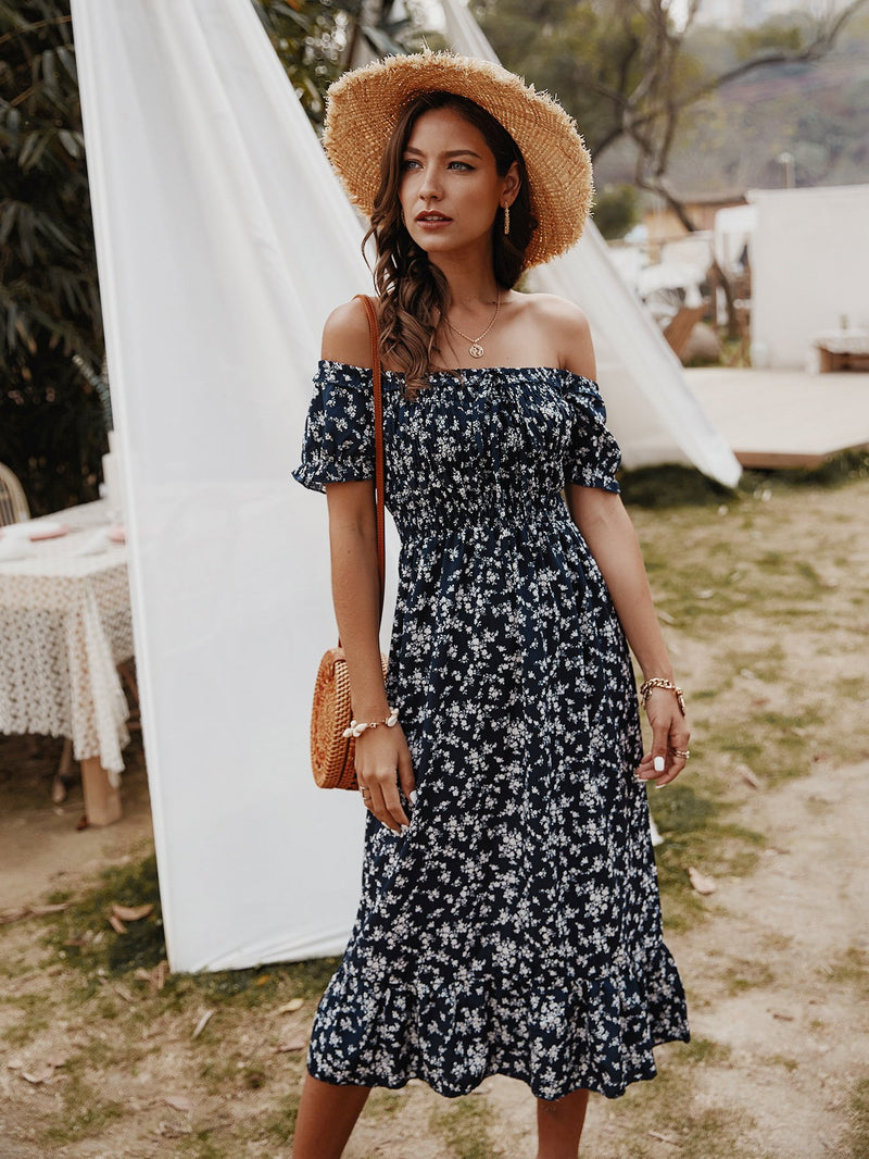 Floral Print Off Shoulder Midi Dress