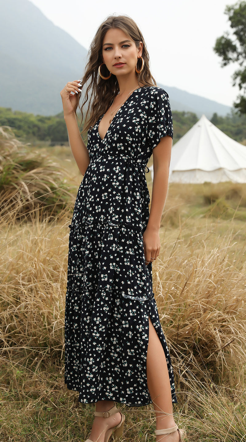 Summer Floral Print Ruffles Boho Maxi Dress