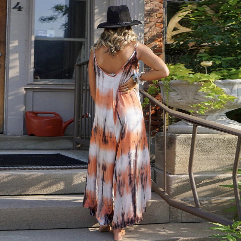 V-Neck Print Spaghetti Strap Boho Long Dresses