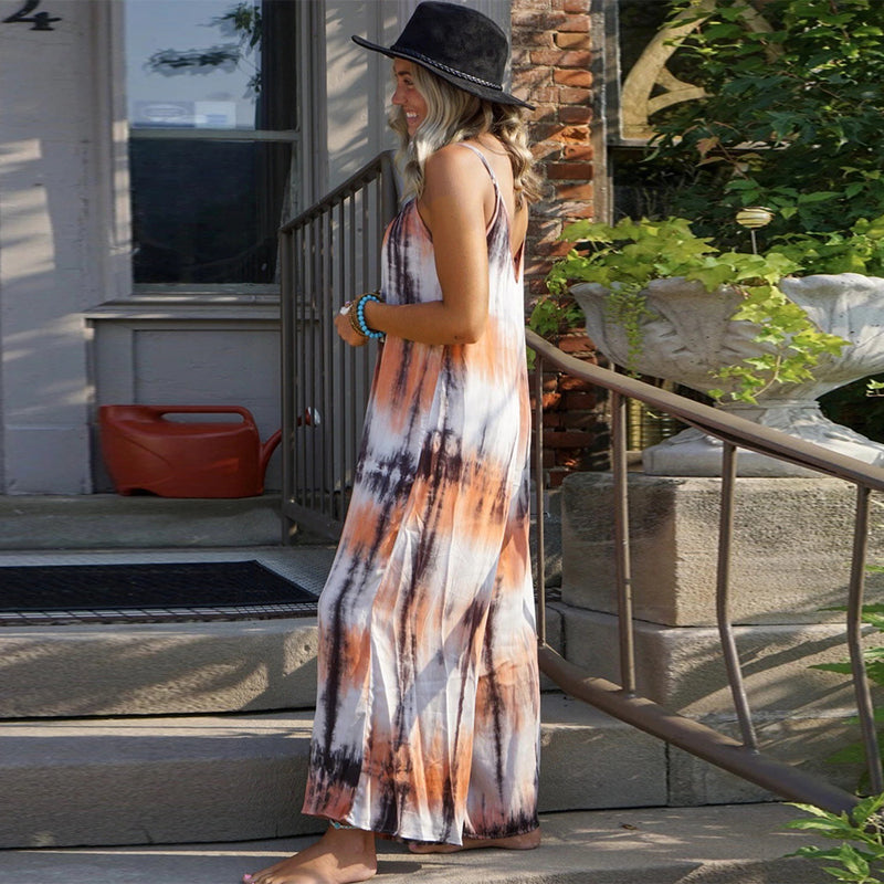 V-Neck Print Spaghetti Strap Boho Long Dresses