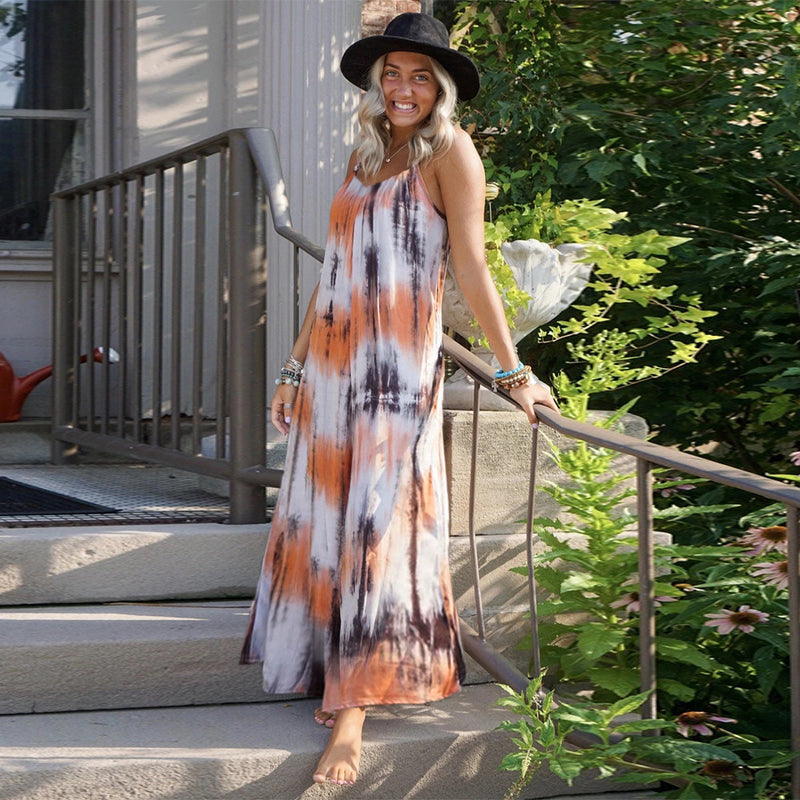 V-Neck Print Spaghetti Strap Boho Long Dresses