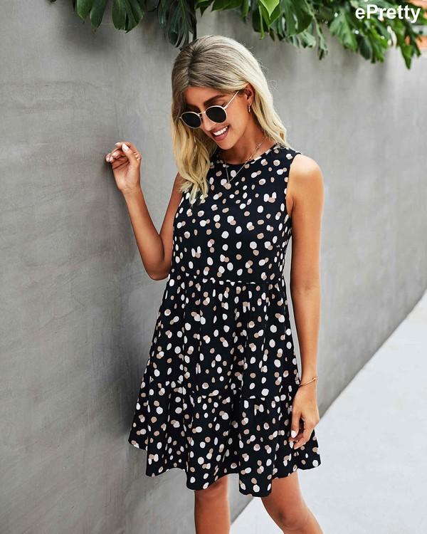 Sleeveless Round Neck Polka Dot Mini Dress