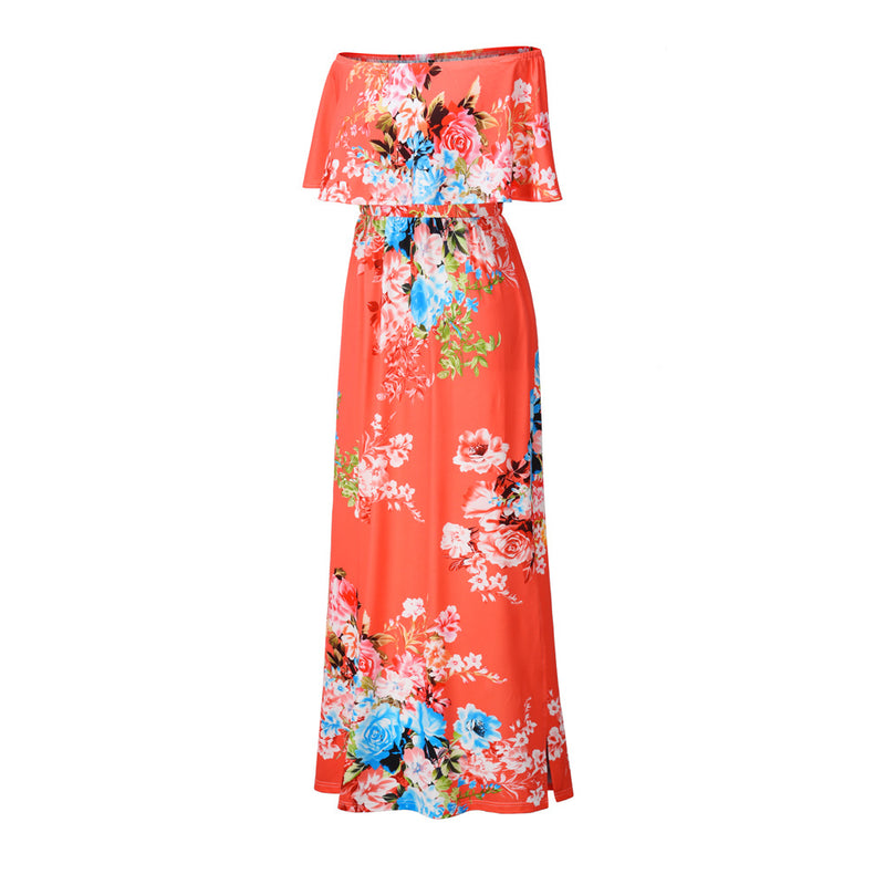 Women Floral Print Off Shoulder Maxi Dresses