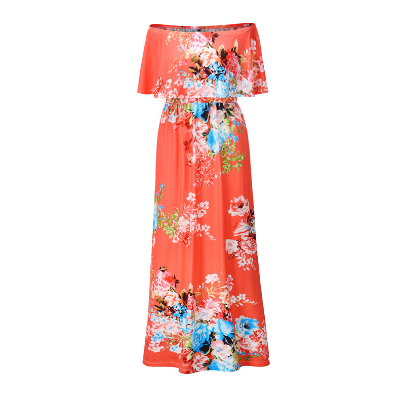 Women Floral Print Off Shoulder Maxi Dresses