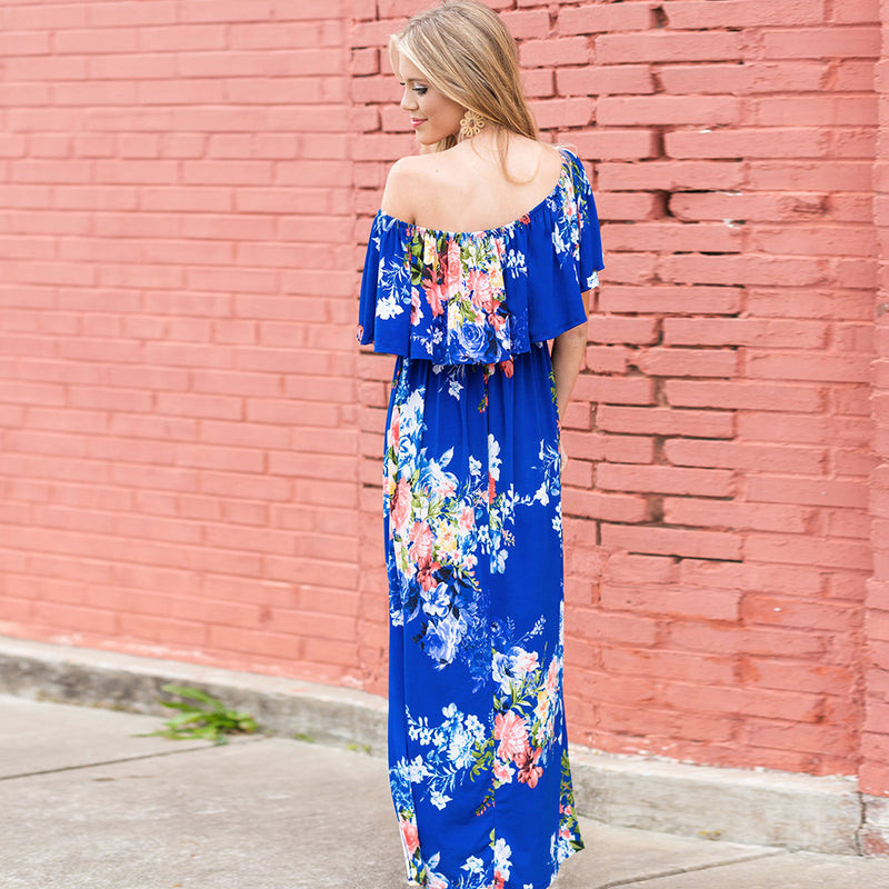 Women Floral Print Off Shoulder Maxi Dresses