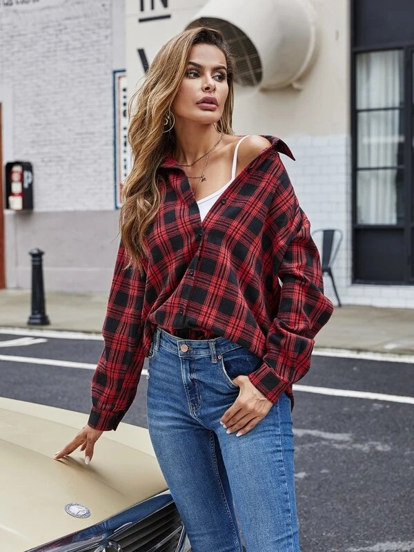 Casual Plaid Button Down Shirt Top