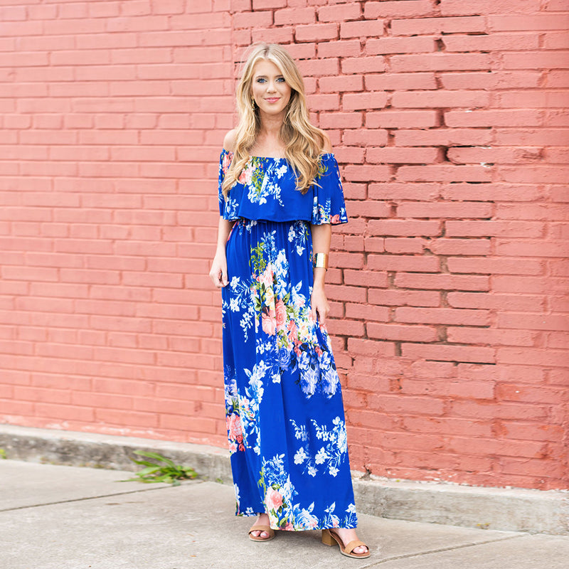 Women Floral Print Off Shoulder Maxi Dresses