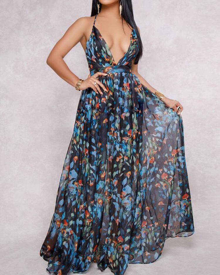 Floral Print Pleated Backless Slip Maxi Dress