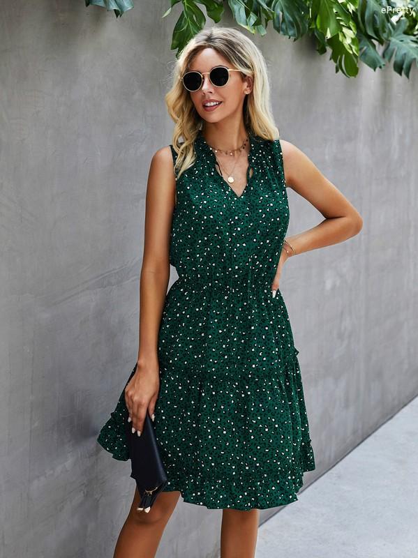 Sleeveless Polka Dot V Neck Lace Mini Swing Skater Dress