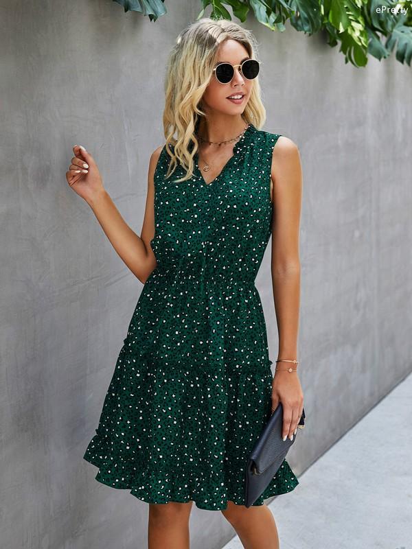 Sleeveless Polka Dot V Neck Lace Mini Swing Skater Dress