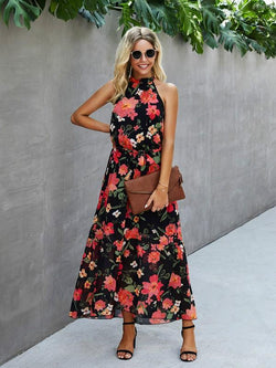 Sleeveless Backless Halter Neck Floral Maxi Dress