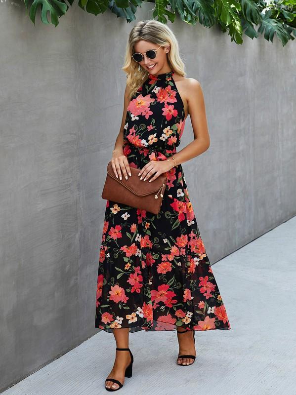 Sleeveless Backless Halter Neck Floral Maxi Dress