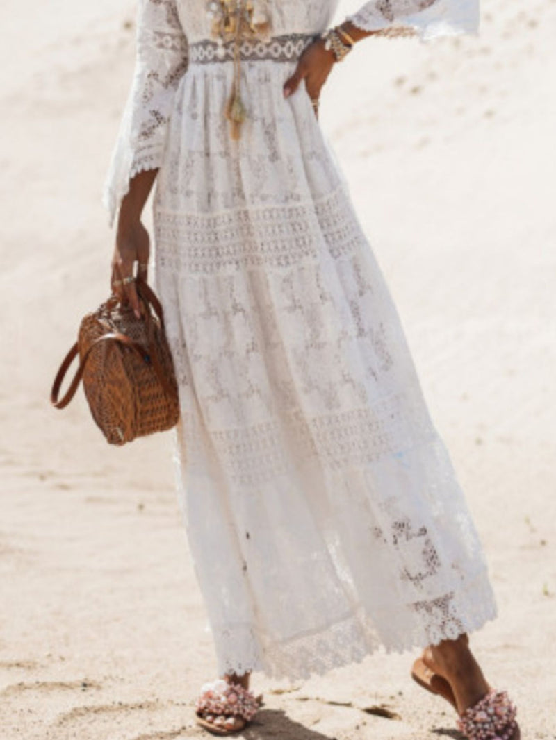 Casual Boho Floral Lace V-Neck High Waist Bohemian Maxi Dress