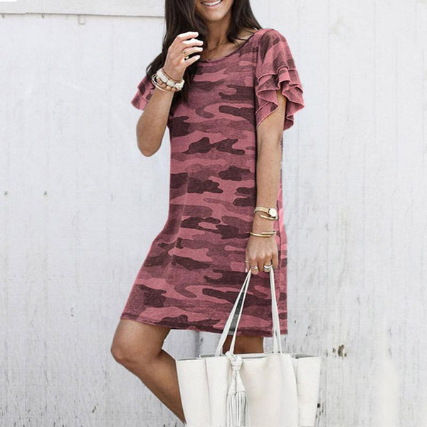 Camouflage Short-Sleeved Ruffle Dress