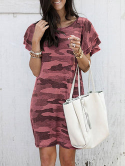 Camouflage Short-Sleeved Ruffle Dress