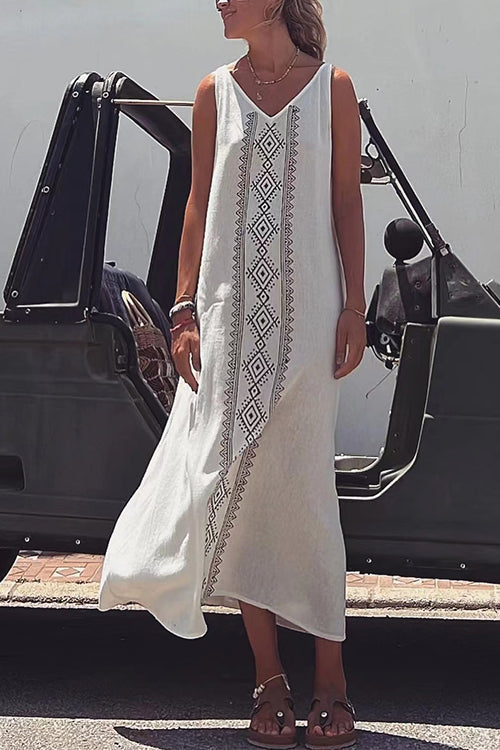 V Neck Sleeveless Printed Maxi Loose Dress