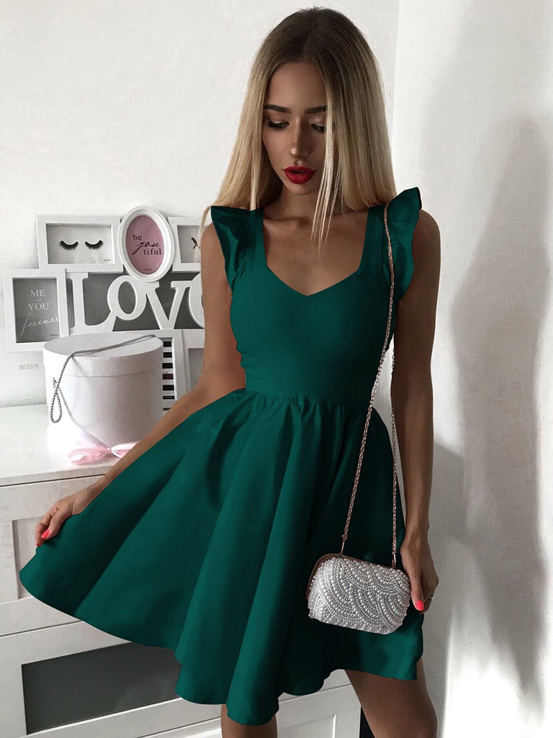 V-neck Sleeveless Bodycon Ruffle Pleated Mini Dress