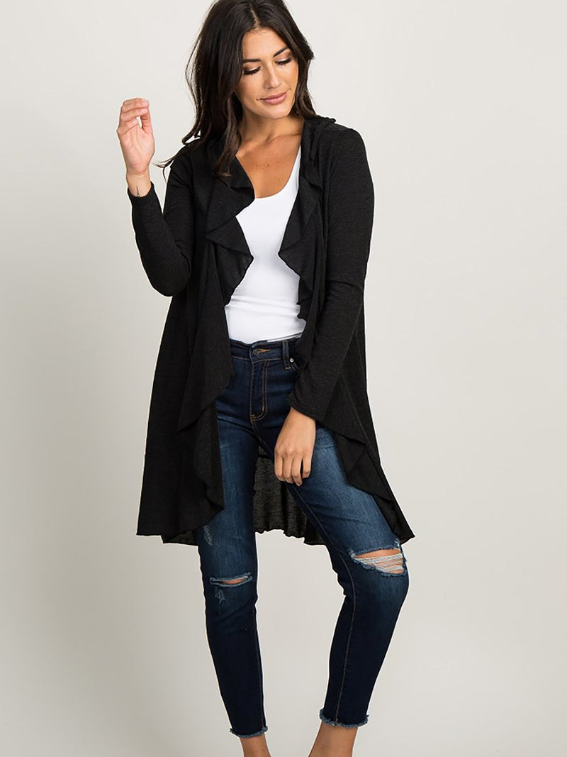 Long Sleeves Lapel Open Front Irregular Hem Cardigan