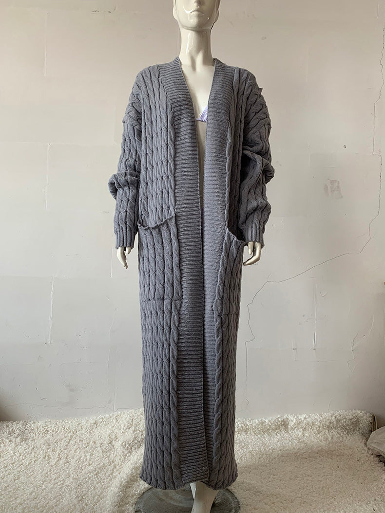 Open Front Pocketed Knitted Maxi Cardigan Sweater