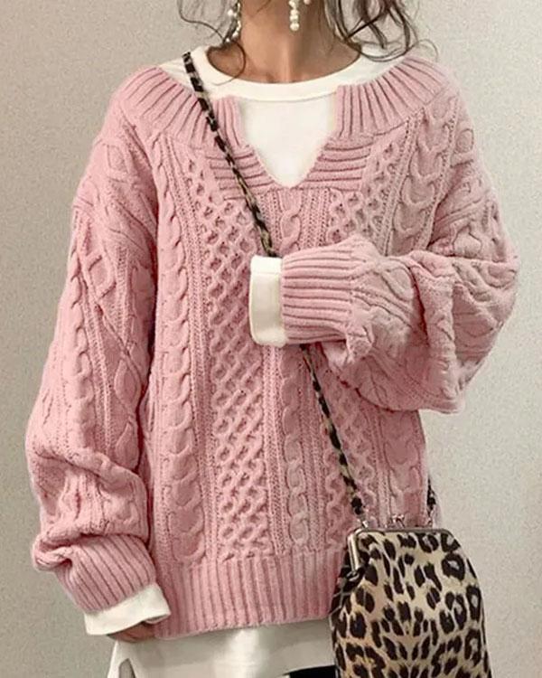 Tiny V Neck Hand Twist Sweater