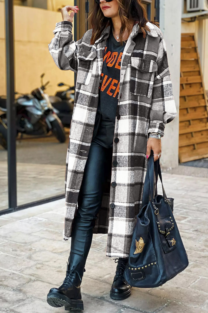 Lapel Plaid Print Woolen Long Coat