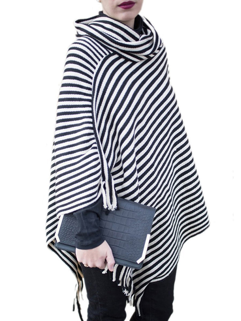 Striped Cape With Turtleneck Knitted Pullover