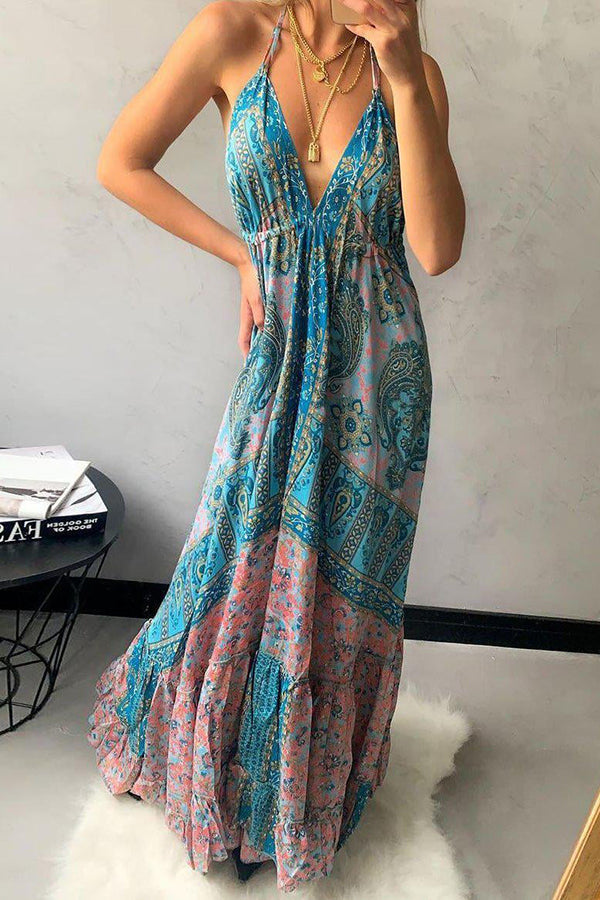 Boho Print V Neck Slip Maxi Dress