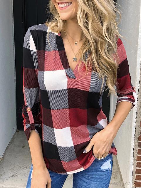 Plaid Tunic V Neck Casual Tops