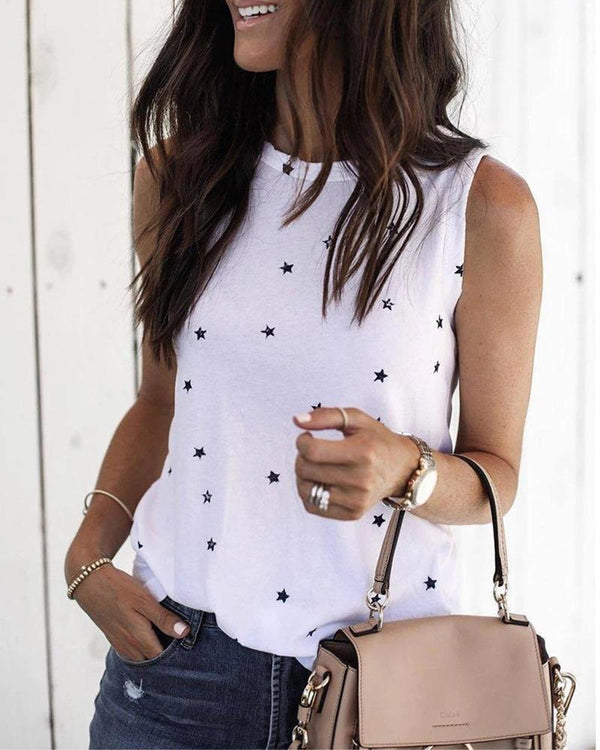 Sleeveless Round Neck Star Printed Tank Tops