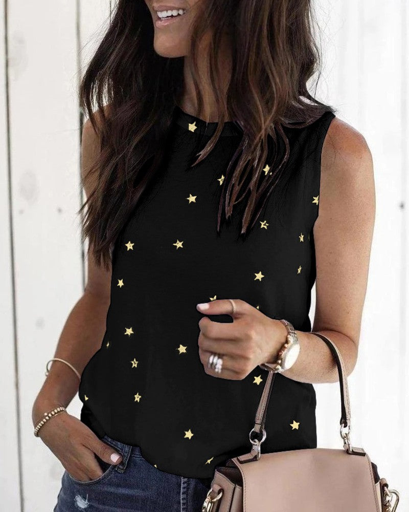 Sleeveless Round Neck Star Printed Tank Tops