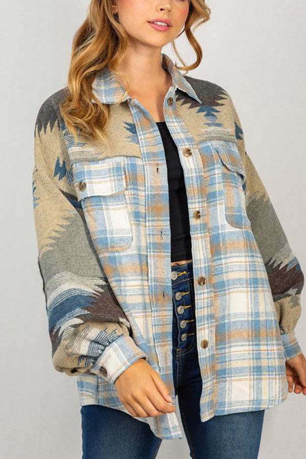 Plaid Aztec Patchwork Pockets Shacket