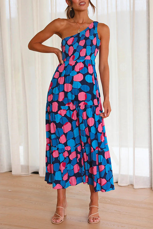 One Shoulder Sleeveless Printed Maxi Ruffle Dress