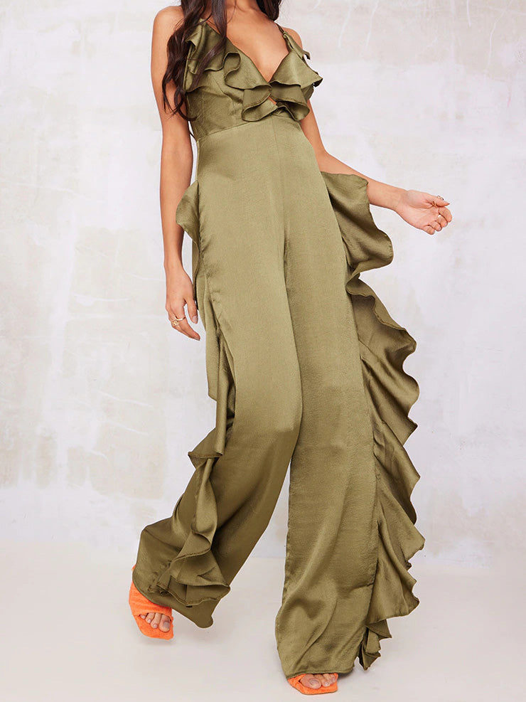 Women's Jumpsuits Deep V Neck Open Back Ruffle Jumpsuit